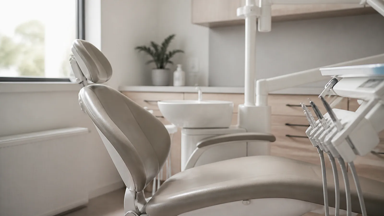 Cadeira odontológica vazia em consultório claro, com luz natural entrando pela janela